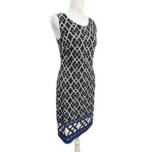 Geometric Trellis Sheath Small Dress Lined Moroccan Office Career Preppy Stretch